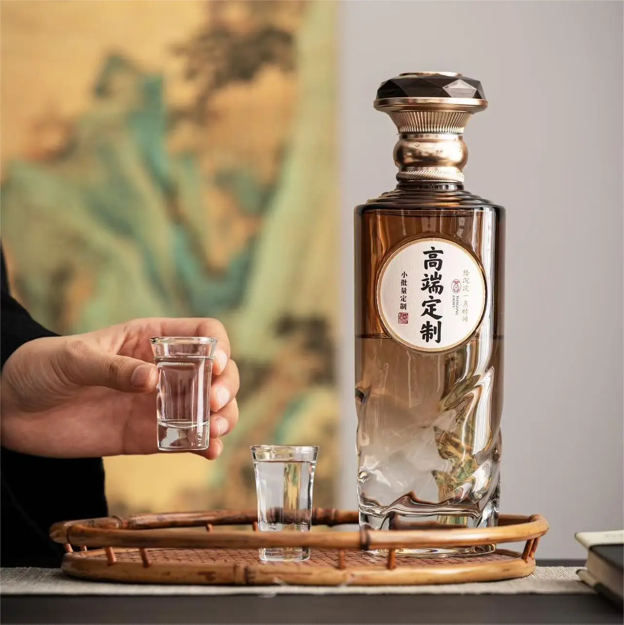 Custom crystal-style glass liquor bottle