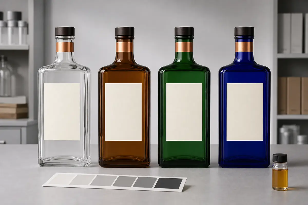 Clear, amber, green and blue glass liquor bottles with identical blank labels for contrast comparison