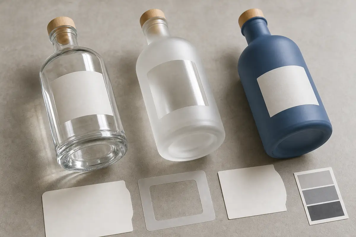 Clear, frosted and matte coated liquor bottle samples prepared for artwork and label testing