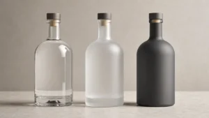 Identical clear, frosted and matte coated liquor bottles compared in a studio