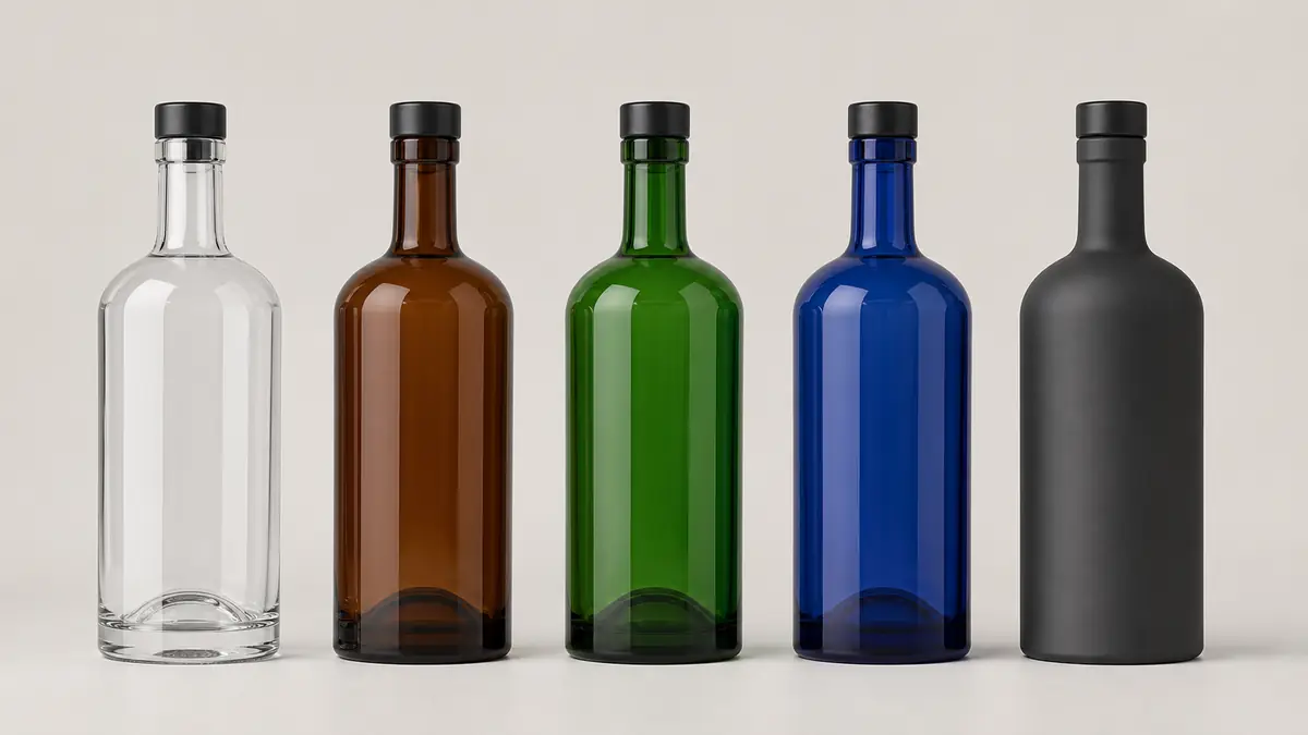 Clear, amber, green, blue and matte coated liquor bottles compared in a studio