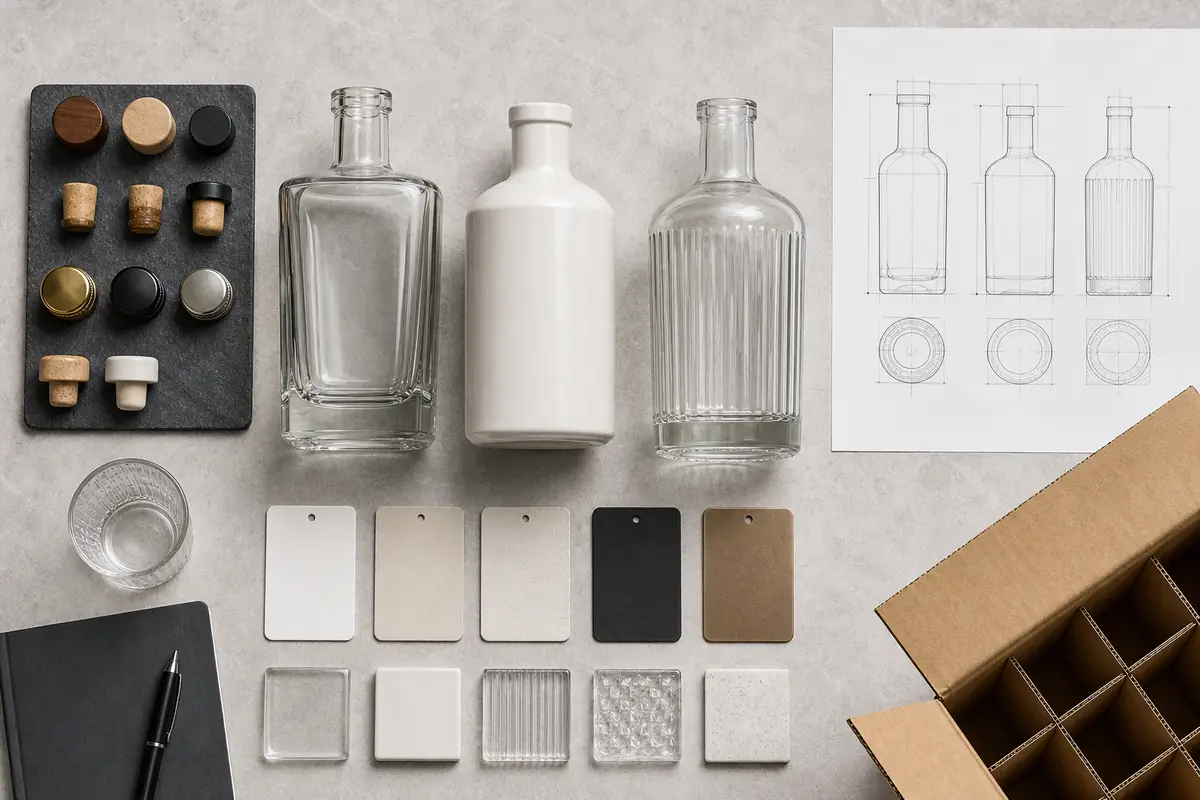 Bottle shapes, 关闭, decoration swatches and packing layout considered together during liquor bottle design