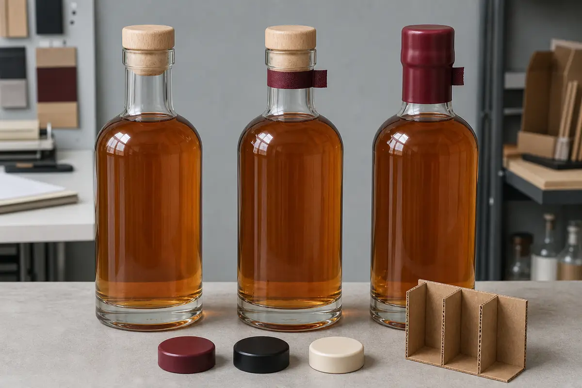 Liquor bottle closure, tear strip and finished wax dip stages prepared for sample review