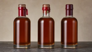 Three wax-sealed liquor bottles showing clean dip, controlled drip and cap-style wax finishes