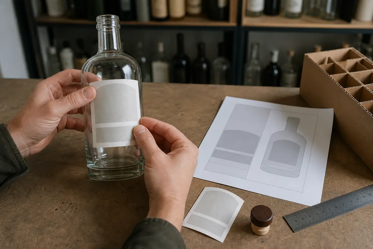 Hands aligning a blank paper label sample on an empty glass liquor bottle beside an artwork proof
