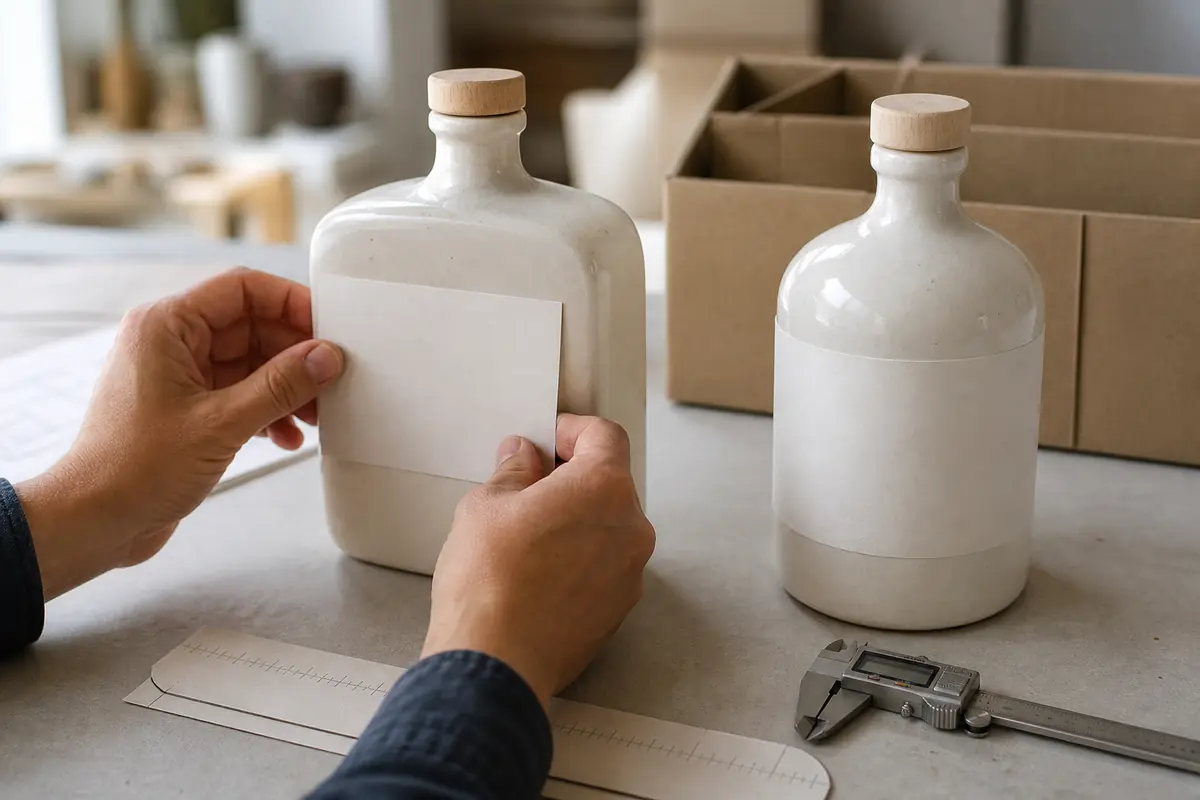 Illustrative paper label mockups on softened-square and round ceramic bottles