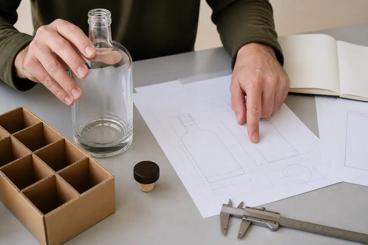 Hands reviewing an empty glass liquor bottle, 关闭, carton divider, and bottle drawing