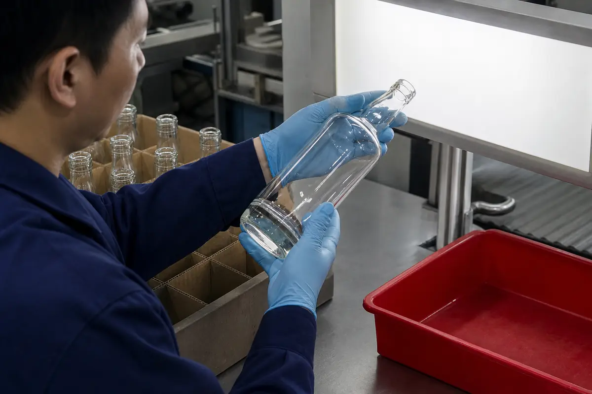 Illustrative visual inspection of a new empty liquor bottle under a light