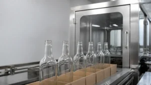 New empty glass liquor bottles approaching an enclosed inspection station