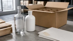 Empty glass and ceramic liquor bottles beside an export carton, dividers, pallet, and specification sheets