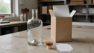 Empty unlabeled glass liquor bottle beside a blank label, 关闭, and sample carton