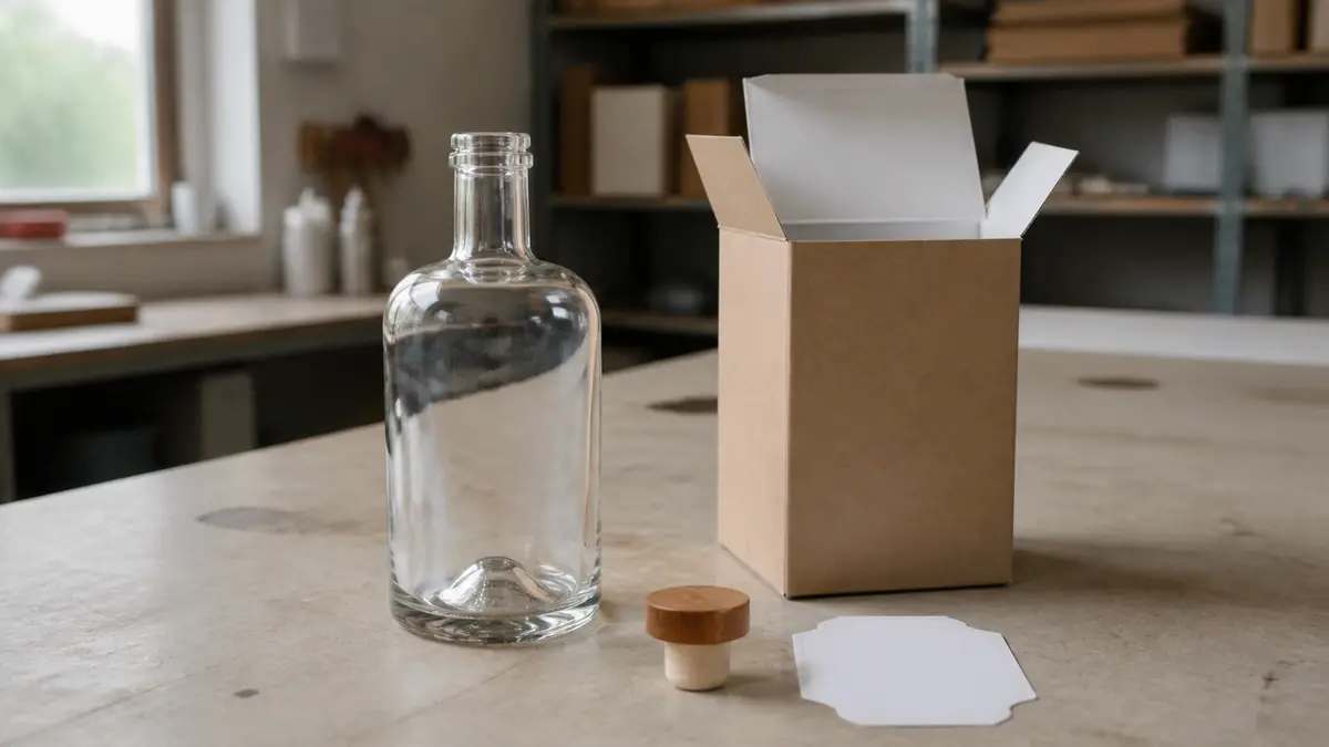 Empty unlabeled glass liquor bottle beside a blank label, 关闭, and sample carton