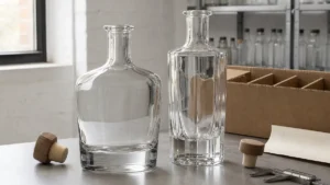 Two empty clear glass liquor decanter bottle prototypes with wooden bartop stoppers on a packaging workbench