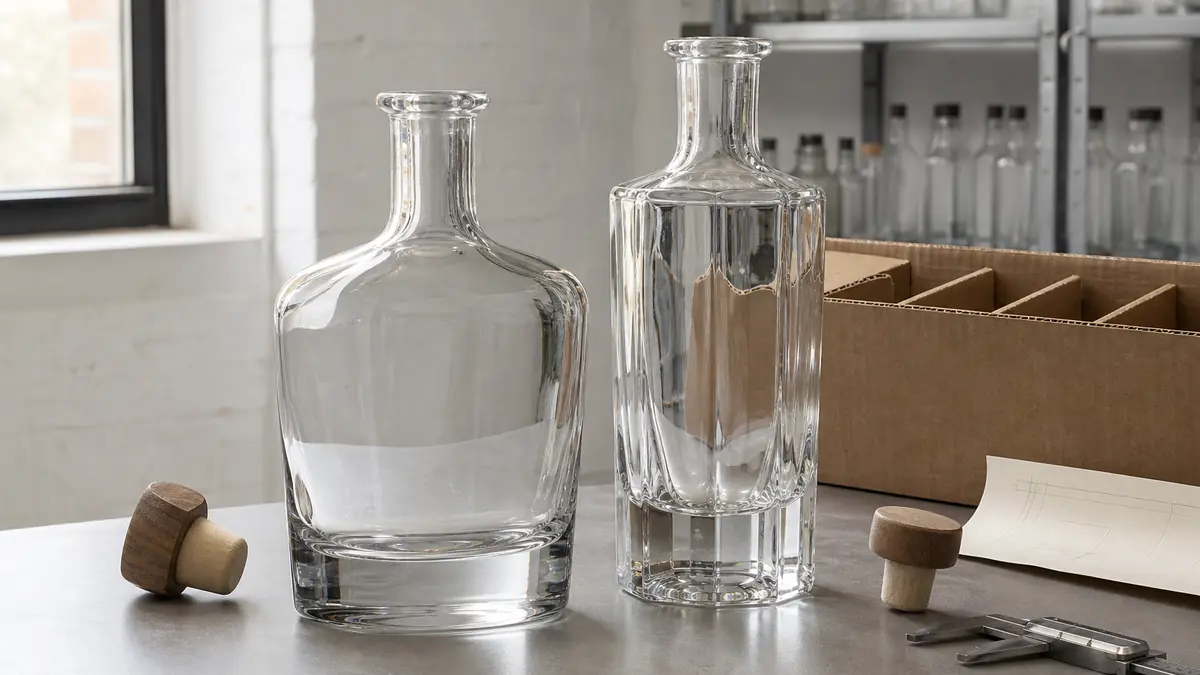 Two empty clear glass liquor decanter bottle prototypes with wooden bartop stoppers on a packaging workbench