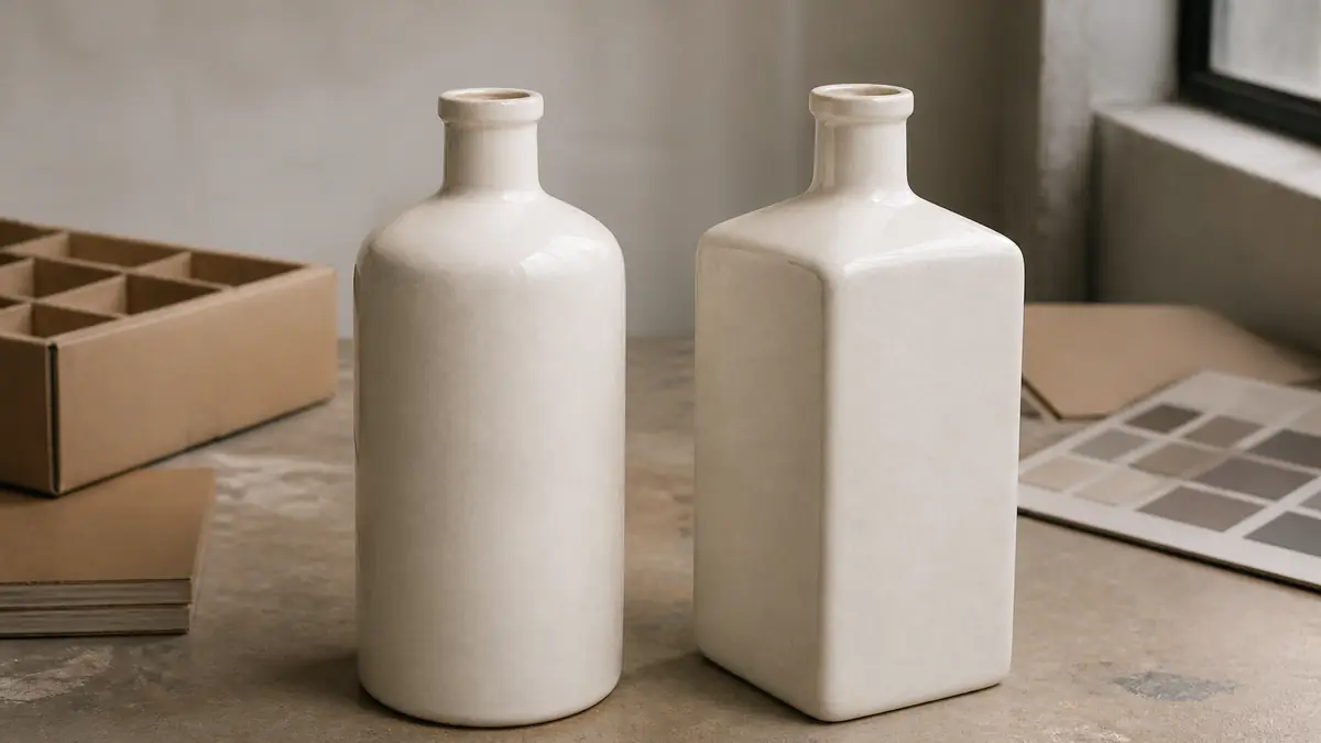 Illustrative round and softened-square ceramic tequila bottles on a packaging table