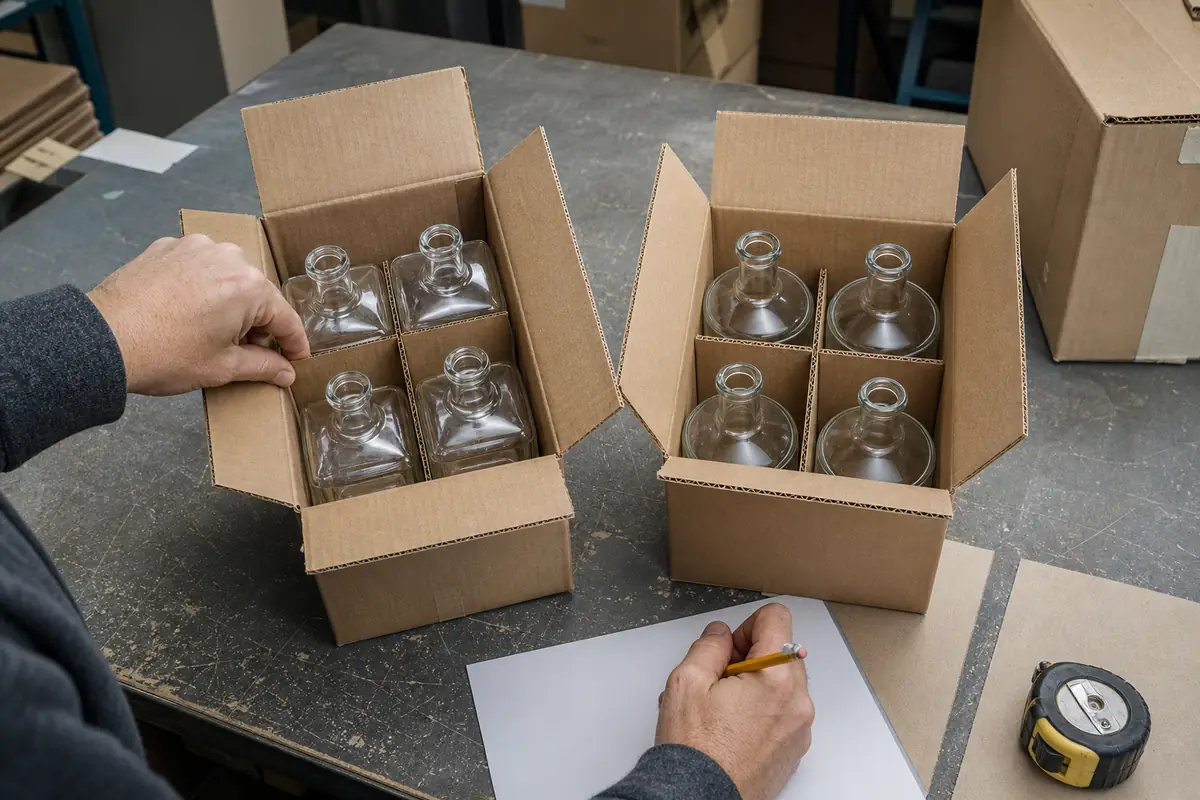 Square and round glass bottle prototypes tested in separate corrugated shipping cases