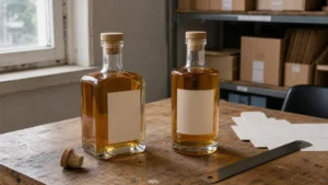 Square and round glass liquor bottle samples compared on a packaging workbench