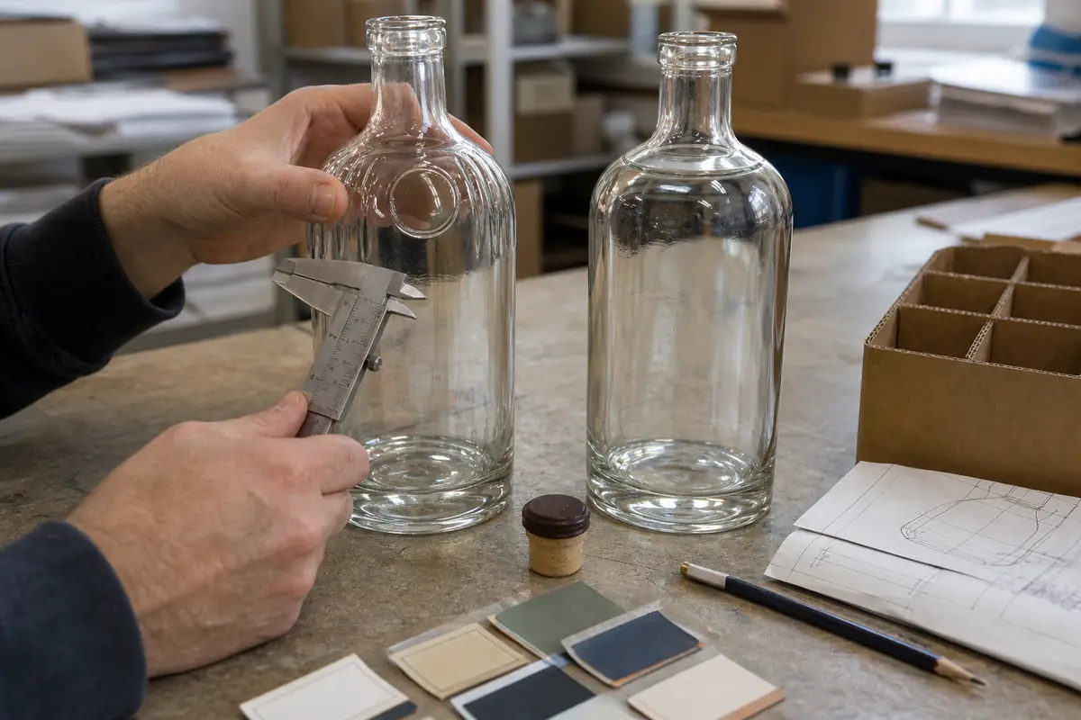 Packaging engineer measuring vintage-inspired and plain glass liquor bottle prototypes