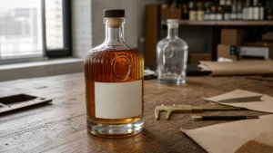 Vintage-inspired glass liquor bottle sample photographed on a working packaging design bench