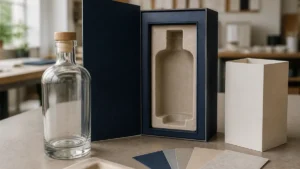 Unbranded empty whiskey bottle beside an open rigid gift box with a molded-paper insert