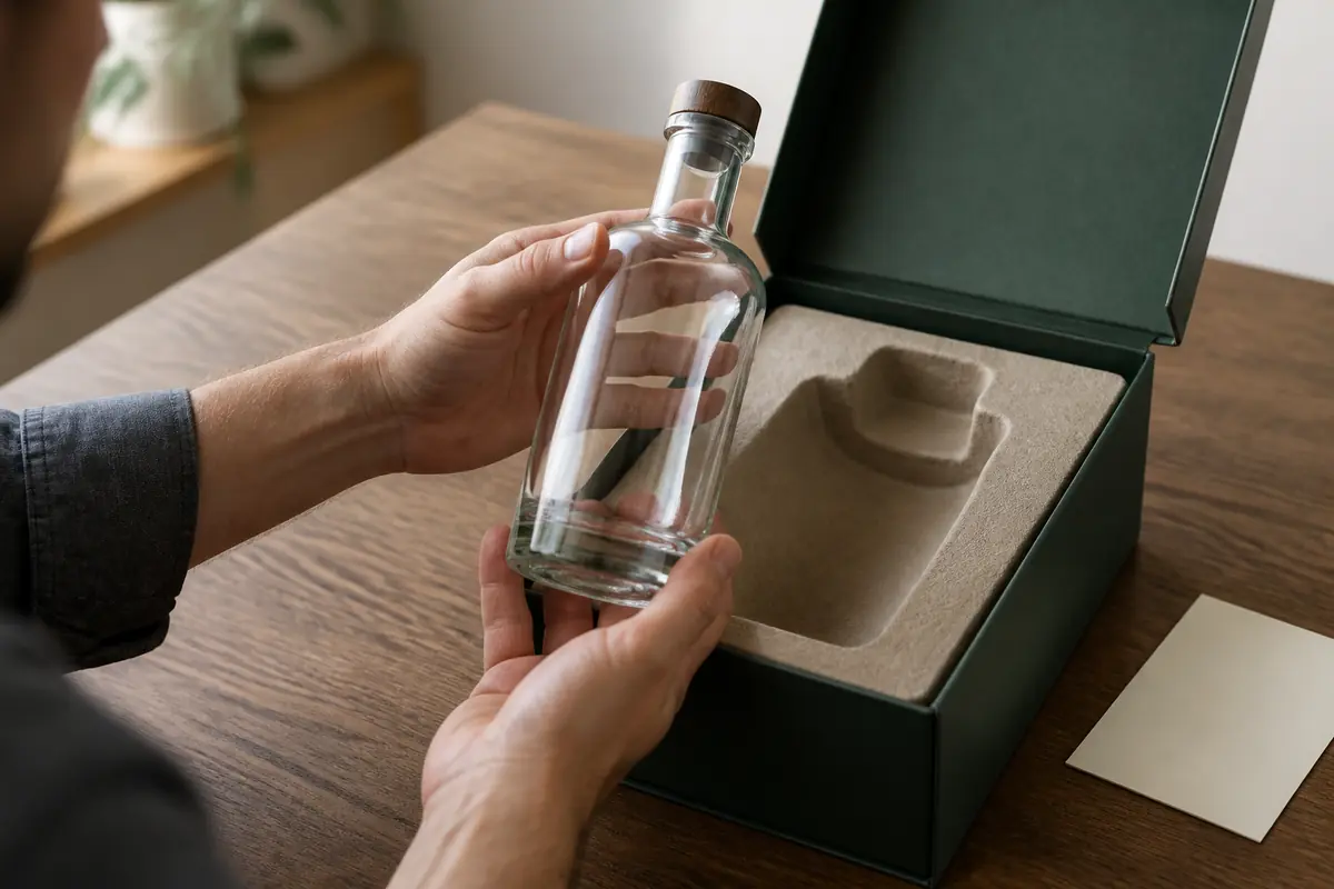 Hands lifting an empty whiskey bottle from a fitted paper-based insert inside a rigid gift box